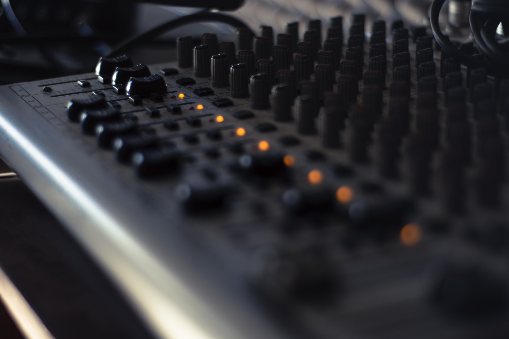 Closeup shot of professional audio mixing equipment in a studio